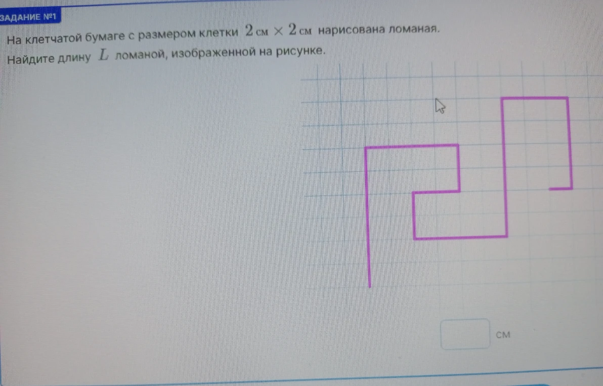 На клетчатой бумаге с размером клетки 2 см х 2 см нарисована ломаная. Найдите длину L ломаной, изображенной на рисунке.