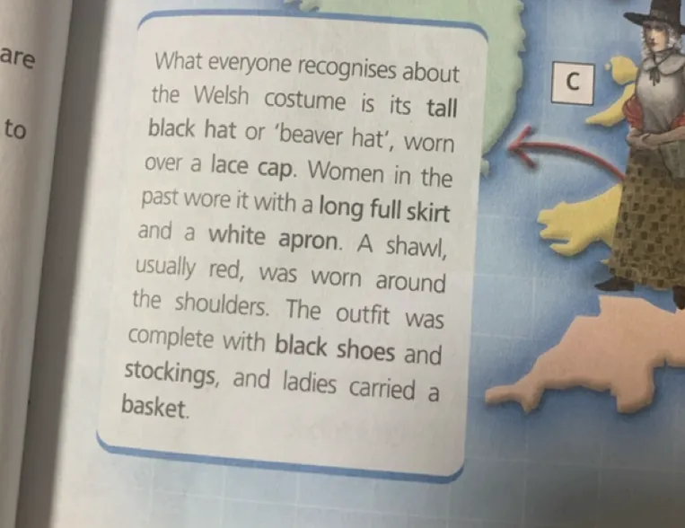 What everyone recognises about the Welsh costume is its tall black hat or 'beaver hat', worn over a lace cap.