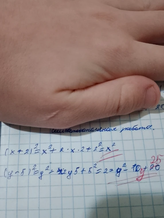 Разбор ошибок в выражениях (x+2)^2 и (y-5)^2