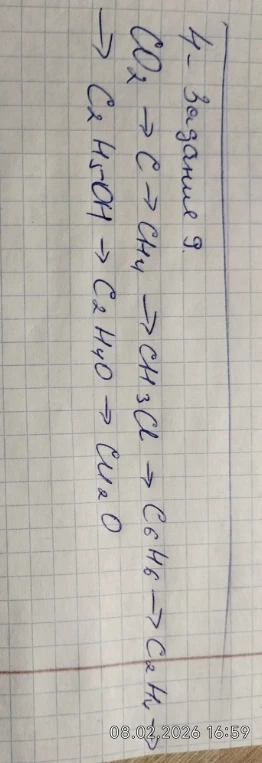 Напишите уравнения реакций для цепочки превращений: CO2 -> C -> CH4 -> CH3Cl -> C6H6 -> C2H4 -> C2H5OH -> C2H4O -> Cu2O