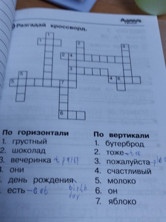 Разгадай кроссворд: перевод слов с русского на английский (грустный, шоколад, вечеринка, они, день рождения, есть, бутерброд, тоже, пожалуйста, счастливый, молоко, он, яблоко).