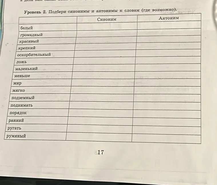 Уровень 2. Подбери синонимы и антонимы к словам (где возможно).