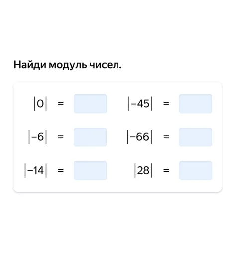 Найди модуль чисел: |0|, |-6|, |-14|, |-45|, |-66|, |28|
