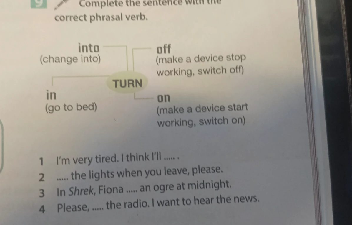 Complete the sentences with the correct phrasal verb: turn into, turn off, turn in, turn on.