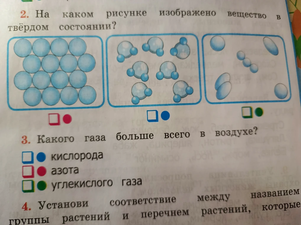 На каком рисунке изображено вещество в твёрдом состоянии? Какого газа больше всего в воздухе?