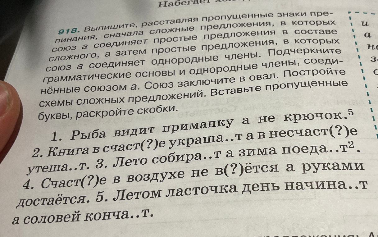 918. Выпишите, расставляя пропущенные знаки препинания, сначала сложные предложения, в которых союз а соединяет простые предложения в составе сложного, а затем простые предложения, в которых союз а соединяет однородные члены.