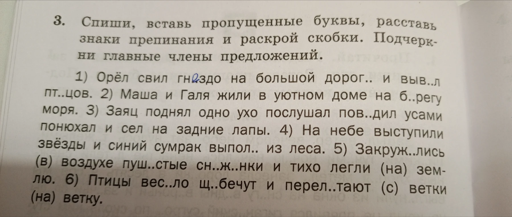 Спиши, вставь пропущенные буквы, расставь знаки препинания и раскрой скобки. Подчеркни главные члены предложений.