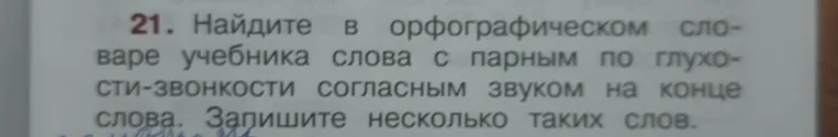 Найдите в орфографическом словаре учебника слова с парным по глухости-звонкости согласным звуком на конце слова. Запишите несколько таких слов.