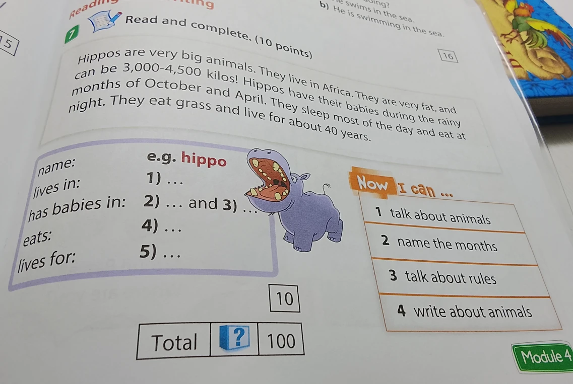 Read and complete: Hippos are very big animals. They live in Africa. They are very fat, and can be 3,000-4,500 kilos! Hippos have their babies during the rainy months of October and April. They sleep most of the day and eat at night. They eat grass and live for about 40 years.
