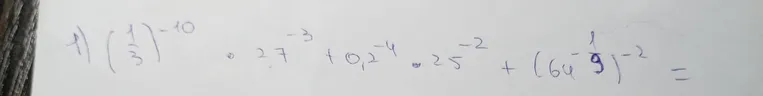 Вычислите значение выражения: (1/3)^-10 * 27^-3 + 0,2^-4 * 25^-2 + (64^-1/6)^-2