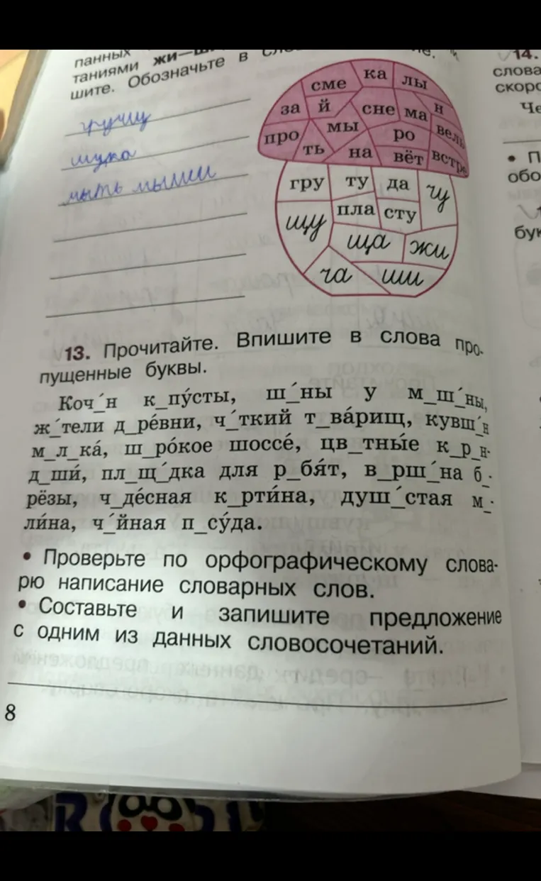 Прочитайте. Впишите в слова пропущенные буквы.