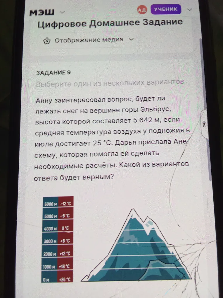 Анну заинтересовал вопрос, будет ли лежать снег на вершине горы Эльбрус, высота которой составляет 5 642 м, если средняя температура воздуха у подножия в июле достигает 25 °С.