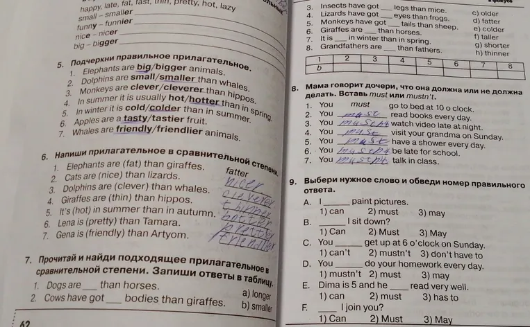 Выполни упражнения на странице: степени сравнения прилагательных (упр. 5-7), модальные глаголы must/mustn't (упр. 8) и модальные глаголы can/may (упр. 9).