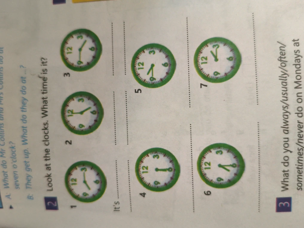 Look at the clocks. What time is it?