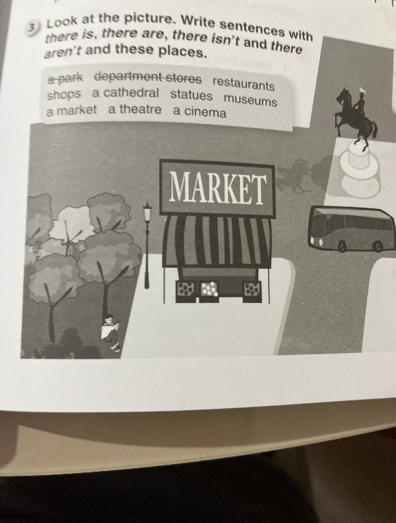 Look at the picture. Write sentences with there is, there are, there isn't and there aren't and these places.