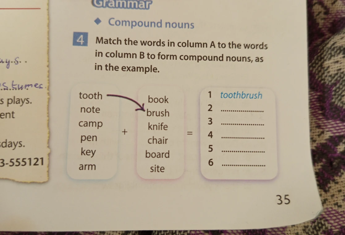 Match the words in column A to the words in column B to form compound nouns, as in the example.