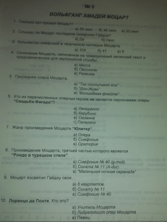 Выполните тест по теме 'Вольфганг Амадей Моцарт'