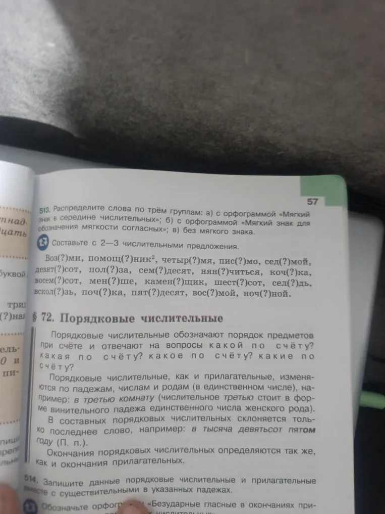 513. Распределите слова по трём группам: а) с орфограммой «Мягкий знак в середине числительных»; б) с орфограммой «Мягкий знак для обозначения мягкости согласных»; в) без мягкого знака.