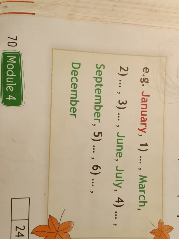 Заполните пропуски названиями месяцев: January, 1) ..., March, 2) ..., 3) ..., June, July, 4) ..., September, 5) ..., 6) ..., December