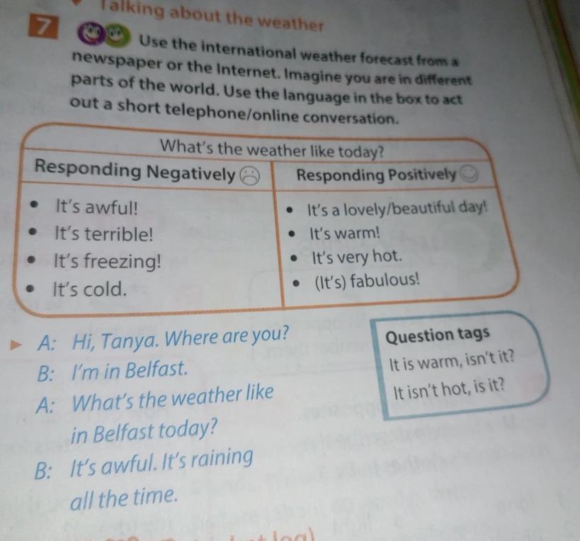 Use the international weather forecast from a newspaper or the Internet. Imagine you are in different parts of the world. Use the language in the box to act out a short telephone/online conversation.