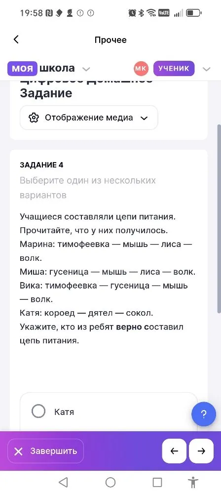 Укажите, кто из ребят верно составил цепь питания.