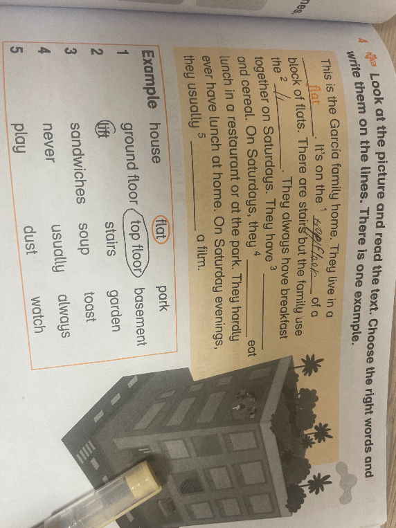 Look at the picture and read the text. Choose the right words and write them on the lines.