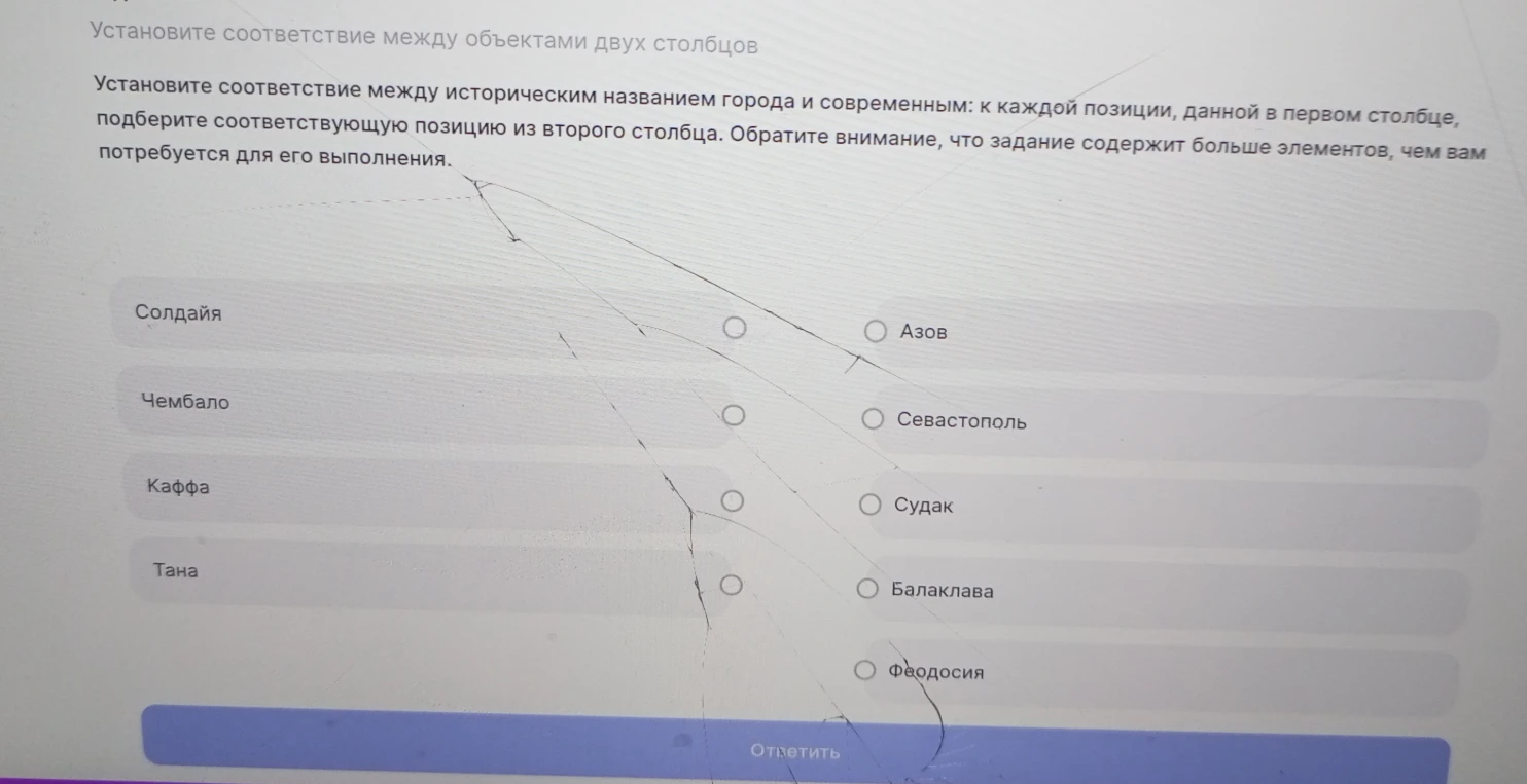 Установите соответствие между историческим названием города и современным: Солдайя, Чембало, Каффа, Тана.