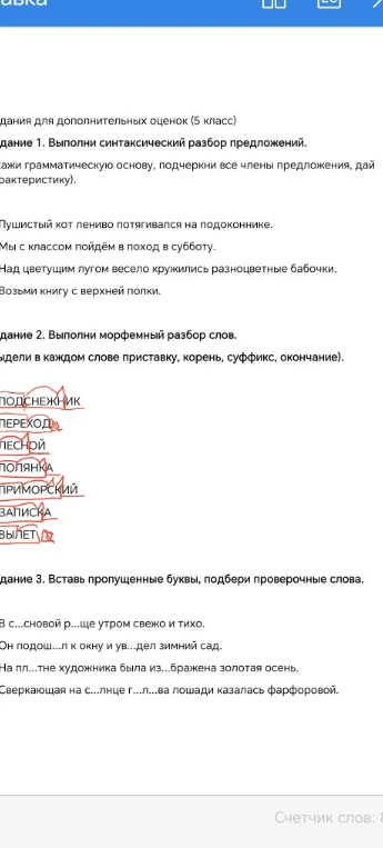Задание 1. Выполни синтаксический разбор предложений. Задание 2. Выполни морфемный разбор слов. Задание 3. Вставь пропущенные буквы, подбери проверочные слова.