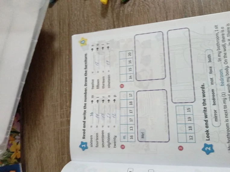 Read and write the number. Draw the furniture. Look and write the words.