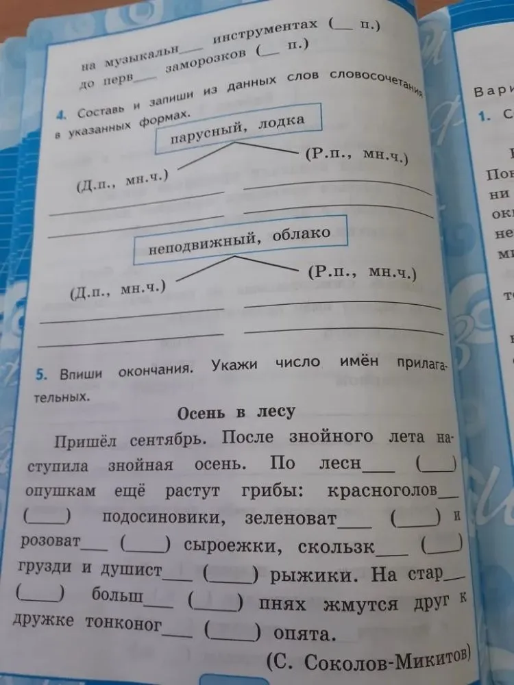 Составь и запиши из данных слов словосочетания в указанных формах: парусный, лодка; неподвижный, облако.