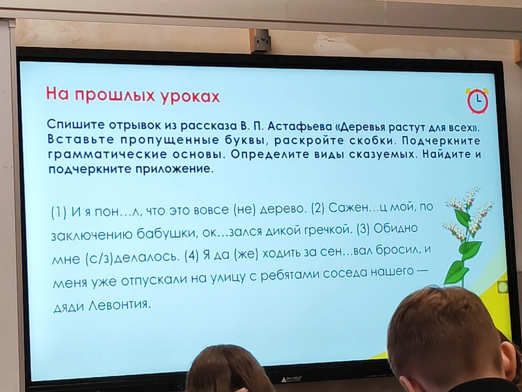 Спишите отрывок из рассказа В. П. Астафьева «Деревья растут для всех». Вставьте пропущенные буквы, раскройте скобки. Подчеркните грамматические основы. Определите виды сказуемых. Найдите и подчеркните приложение.