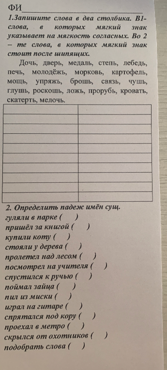 1.Запишите слова в два столбика. В1- слова, в которых мягкий знак указывает на мягкость согласных. Во 2 — те слова, в которых мягкий знак стоит после шипящих. 2. Определить падеж имён сущ.