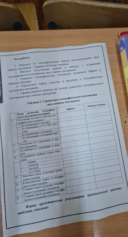 Опишите по географическим картам местоположение двух южных материков — Африка и Южная Америка. Внесите полученные данные в таблицу 1 «Сравнение географического положения двух южных материков».