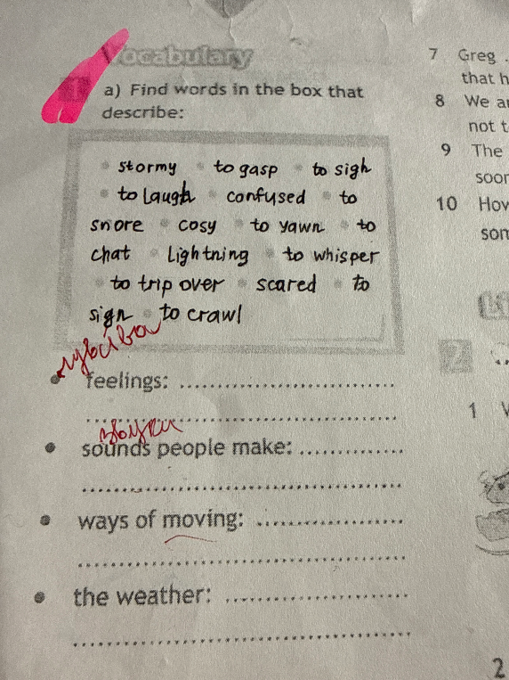 Find words in the box that describe: feelings, sounds people make, ways of moving, the weather.