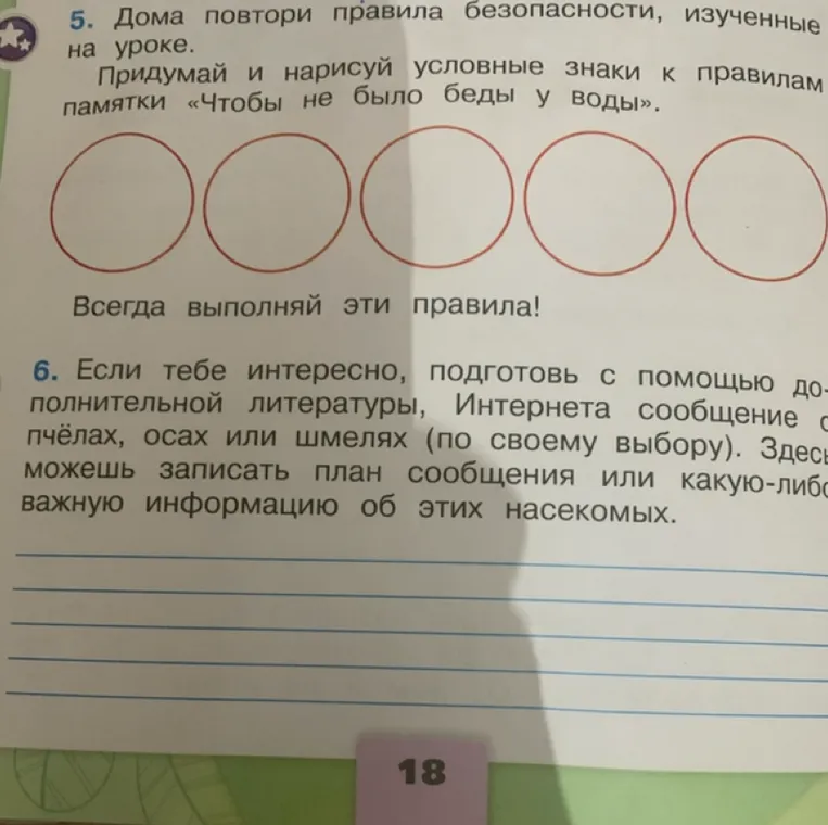 Придумай и нарисуй условные знаки к правилам памятки «Чтобы не было беды у воды». Подготовь сообщение о пчёлах, осах или шмелях.