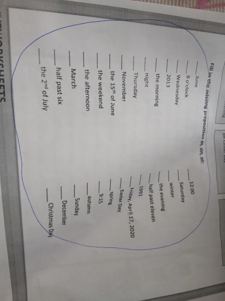 Fill in the missing preposition in, on, at: June, 9 o'clock, Wednesday, 2013, the morning...