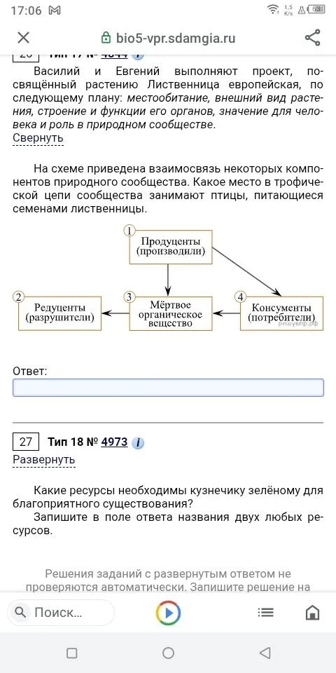 На схеме приведена взаимосвязь некоторых компонентов природного сообщества. Какое место в трофической цепи сообщества занимают птицы, питающиеся семенами лиственницы? Какие ресурсы необходимы кузнечику зелёному для благоприятного существования?