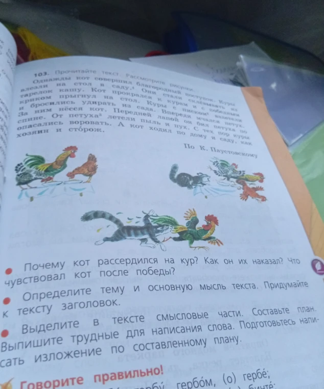 Прочитайте текст. Почему кот рассердился на кур? Как он их наказал? Что чувствовал кот после победы? Определите тему и основную мысль текста. Придумайте заголовок. Составьте план.