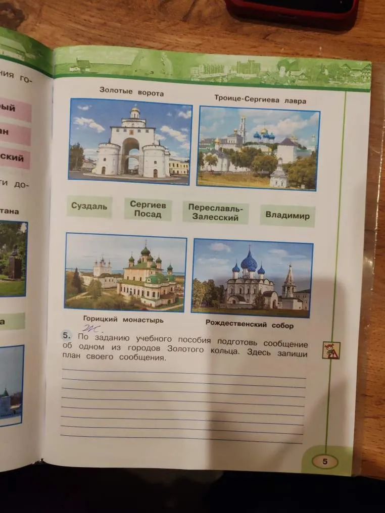 По заданию учебного пособия подготовь сообщение об одном из городов Золотого кольца. Здесь запиши план своего сообщения.