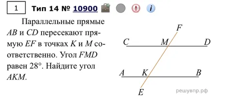 Параллельные прямые AB и CD пересекают прямую EF в точках K и M соответственно. Угол FMD равен 28°. Найдите угол AKM.