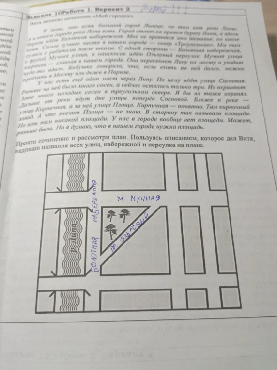 Прочти сочинение и рассмотри план. Пользуясь описанием, которое дал Витя, надпиши названия всех улиц, набережной и переулка на плане.