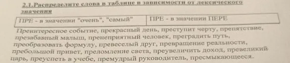 Распределите слова в таблице в зависимости от лексического значения: ПРЕ- в значении «очень», «самый» и ПРЕ- в значении ПЕРЕ-.
