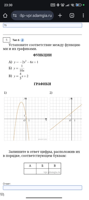 Установите соответствие между функциями и их графиками: А) y = -2x² - 6x + 1, Б) y = 1/(10x), В) y = 4/5x + 2