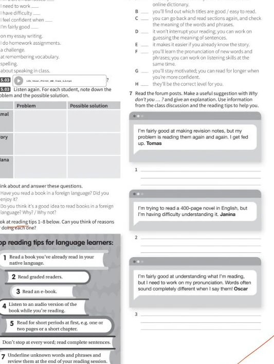Read the forum posts. Make a useful suggestion with Why don’t you ...? and give an explanation. Use information from the class discussion and the reading tips to help you.