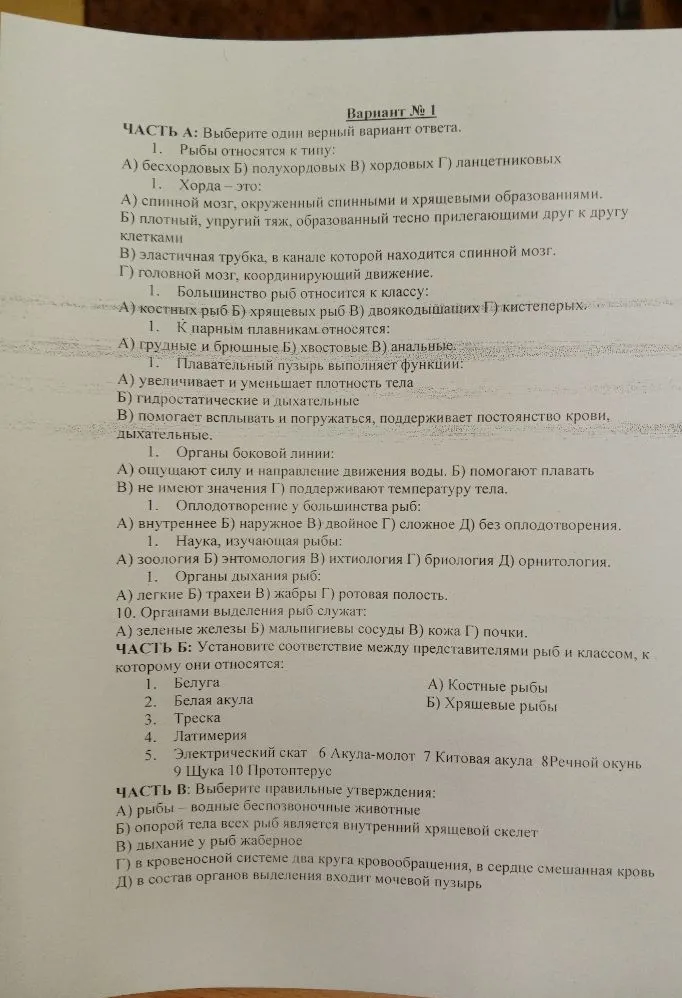 Вариант № 1. ЧАСТЬ А: Выберите один верный вариант ответа. 1. Рыбы относятся к типу...
