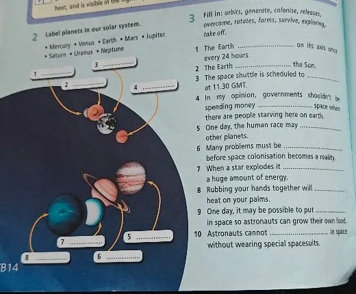 Label planets in our solar system; Fill in: orbits, generate, colonise, releases, overcame, rotates, farms, survive, exploring, take off.