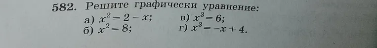 582. Решите графически уравнение: а) x² = 2 - x; б) x² = 8; в) x³ = 6; г) x³ = -x + 4.