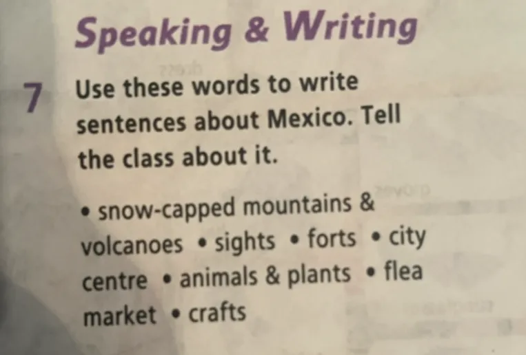 Use these words to write sentences about Mexico: snow-capped mountains & volcanoes, sights, forts, city centre, animals & plants, flea market, crafts.