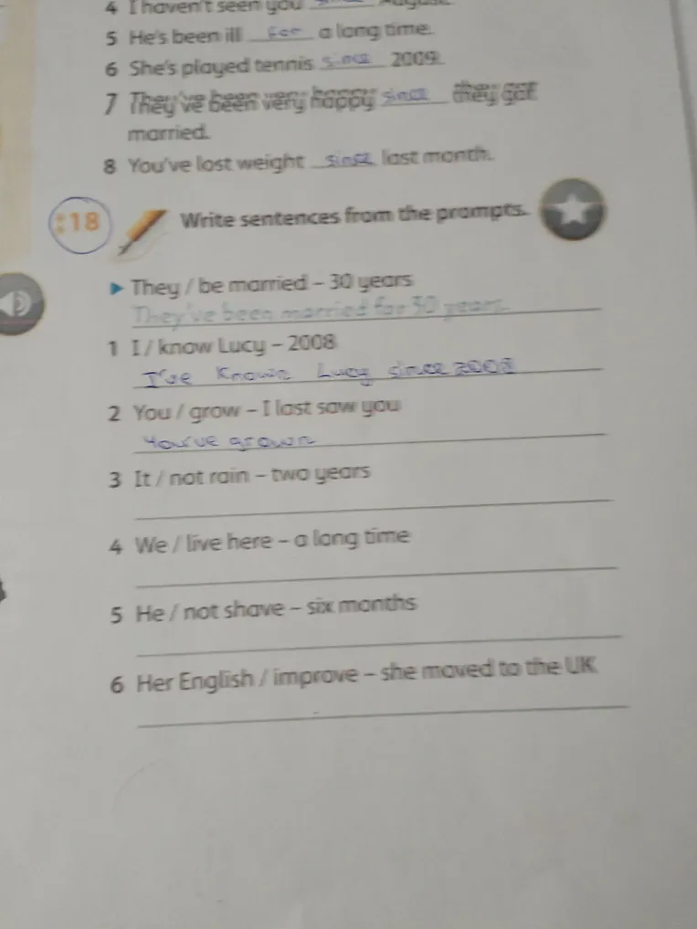 Write sentences from the prompts.