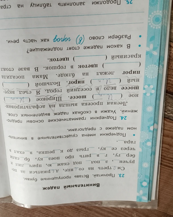 23. Прочитай. Вставь пропущенные буквы. Подчеркни имена существительные в винительном падеже с предлогами. 24. Подчеркни грамматические основы предложений.